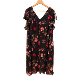 J.B.S. Ltd  Y2K Floral Flutter Sleeve V-Neck Dress Black Pink 24W Feminine  Goth